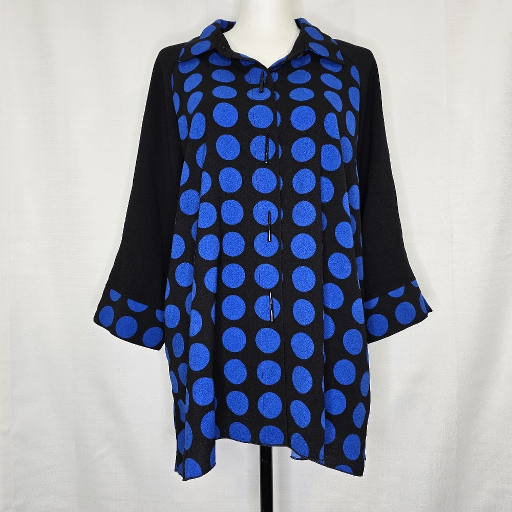 Ali Miles Tunic Button‎ Up Blouse Top Shirt Size Large Black Blue Polka Dot